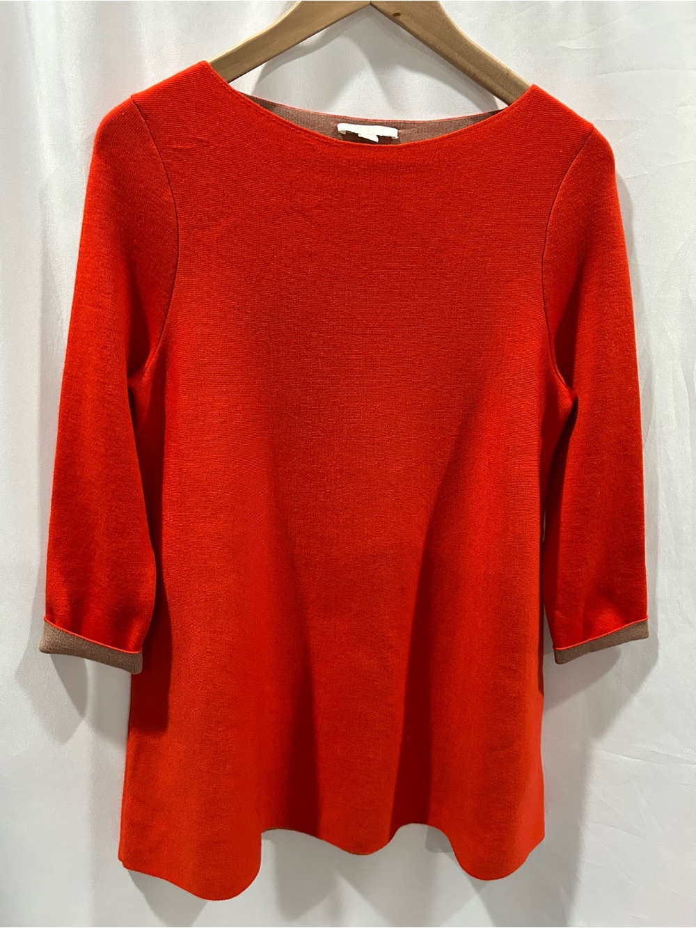 LN COS Bright Red A-Line Tunic Top Boatneck camel accents
